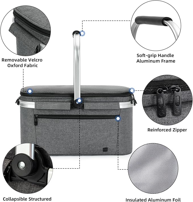 ALLCAMP Picnic Basket - 2 Ice Box Included 32L Insulated Cooler, Thickening Foldable Picnic Basket with Removable Baskets & Sewn-in Frame, Basket for House Warming Gifts New Home(Smoke Gray)