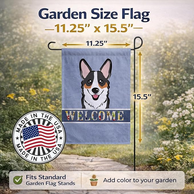 Caroline's Treasures BB1441GF Tricolor Corgi Welcome Garden Flag, Blue Mailbox Flag Decorative Yard Flag Banner Outside Patio Artwork Yard Flower Beds, Garden Size, Multicolor