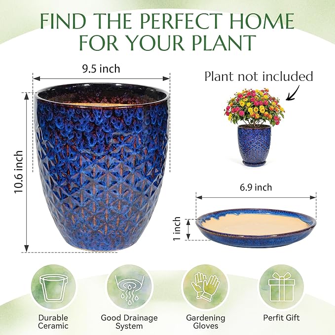 9.5 Inch Flower Pots for Indoor Plants,Ceramic Planter with Saucer Drainage Leak-Proof Mesh Gardening Gloves (Peacock-Blue)