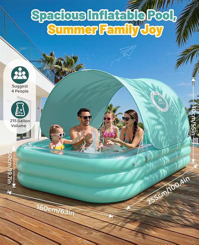 HeySplash Inflatable Pool, Swimming Pool 102" x 65"x 22" Green | Thickened Blow Up Pool with Canopy, Large Family Pool for Outdoor Backyard Garden Party Summer Fun Adults Kids