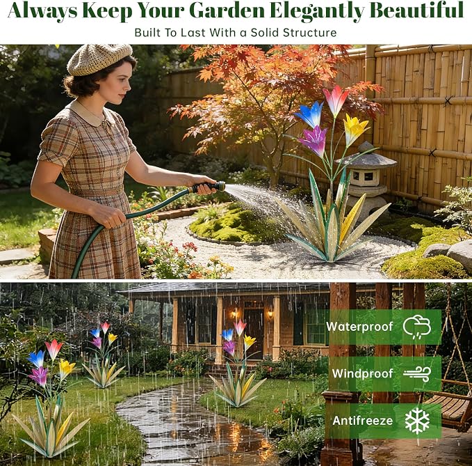 TOMBABY 32.28 Inch Metal Agave Plant Outdoor Decoration Lily Mexican Yard Art Garden Gift Home Decor Hand Painted Metal Agave Garden Yard Statue (2pc, Grass Green)