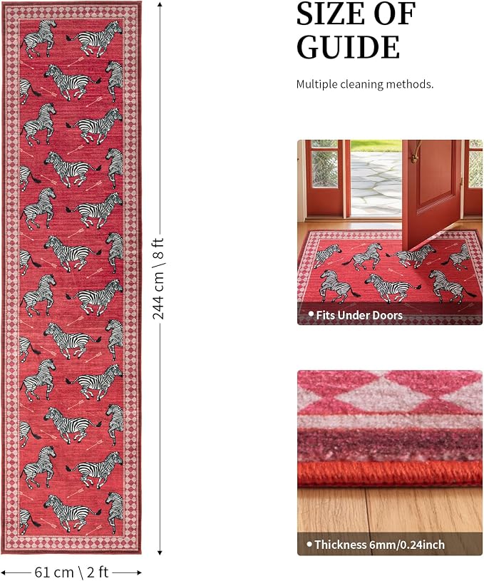 YIHOUSE Zebra Hallway Runner Rug 2×8, Washable Animal Print Rug with Checkered Border, Non-Slip Low Pile Mid-Century Modern Carpet for Kitchen, Entryway, Living Room, Bedroom, Red