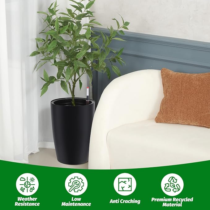 16" Tall Planter Set of 4, Self Watering Pots, Large Planter for Indoor Outdoor Plants, Built-in Drainage and a Water Level Monitor, Tall Planters for Patio, Porch, Living Room, Home Office, Black