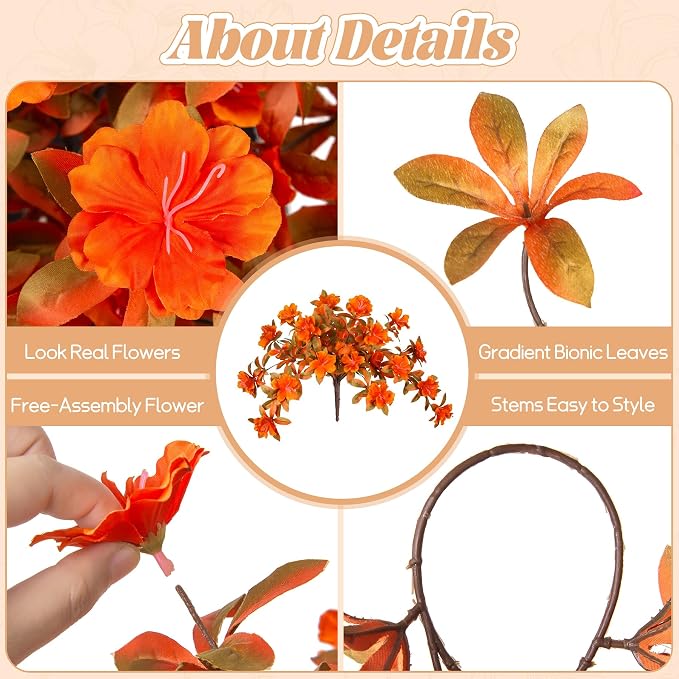 Fall Flowers Artificial for Decoration, Fake Silk Rhododendron Flowers for Outdoors, 2 Bundles Faux Azalea Outside UV Resistant No Fade Floral for Home Garden Balcony Walkway Wedding Party Decor