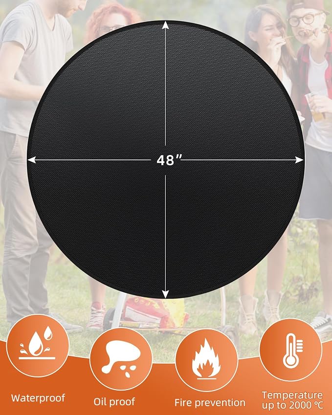48" Round Fireproof Grill Mat for Deck & Patio, Double-Sided Silicone Coated Fiberglass, Heat Resistant Up to 2000°F, Reusable Under Grill Deck Protector for Fire Pit, Smokeless Stove, Outdoor BBQ