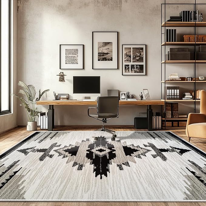 Western Area Rug Southwestern Aztec Navajo Washable 8x10 Rugs for Living Room Bedroom Southwest Tribal Gray Beige Non-Slip Soft Floor Large Carpet for Office Entryway Bathroom