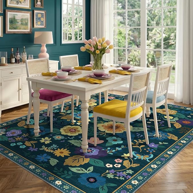 RELEANY Floral Washable 8x10 Area Rugs Teal/Purple | Flower Carpet, Print, Boho, Non-Slip, Easy to Clean, Soft, Low Pile for Living Room Bedroom Kitchen Office Entryway Hallway