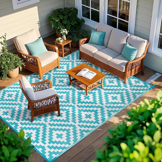Outdoor Patio Plastic Straw Rug - 6x9 ft Outdoor Camping Rug Waterproof Reversible, Area Carpet Patios RV, Outside Porch Balcony Deck for Camper, Blue & White