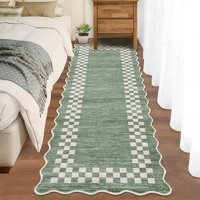 GarveeHome Rug Runners for Hallways 2x8 Washable Kitchen Runner Rug | Non Slip Low Pile Bedside Throw Carpet Modern Bordered Runners Checkered Rugs for Living Room Bedroom Entryway Nursery, Green