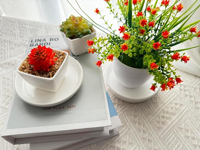 Ceramic Plant Saucer Tray 4 Pcs 4 5 Inch White, 5" OD x4.25 ID x1.18 Deep| Round Sturdy Heavy Duty Glazed Bevel Planter Drip Flower pots with Catch Basin for Indoor Outdoor Plants