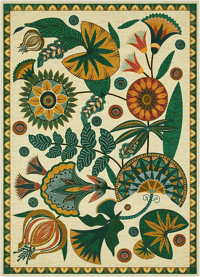 Joydeco Egypt Floral Boho Washable 6x9 Area Rugs for Living Room Bedroom | Botanical Colorful Vintage Aesthetic Non Slip Flower Indoor Carpet for Dining Room Office Guest Room Playroom Dorm, Beige