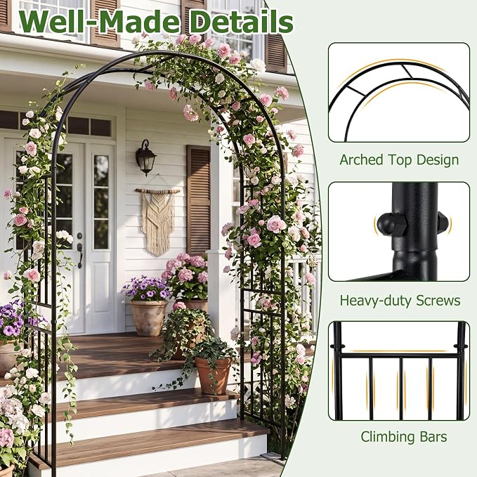 LDAILY Moccha Garden Arch Arbor Trellis, 7.2Ft Outdoor Steel Arbor with Stakes, Metal Archway for Climbing Plants, Wide Sturdy Garden Arch for Lawn, Party, Ceremony Wedding Decoration, Black
