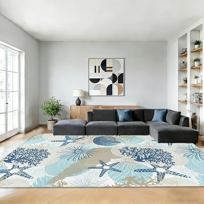 Coastal Starfish Area Rugs for Living Room 5x7,Beach Coral Seashell Bedroom Rug Washable Non-Slip Soft Floor Big Carpets for Dining Room Nursery,Kids Home Decor Aesthetic