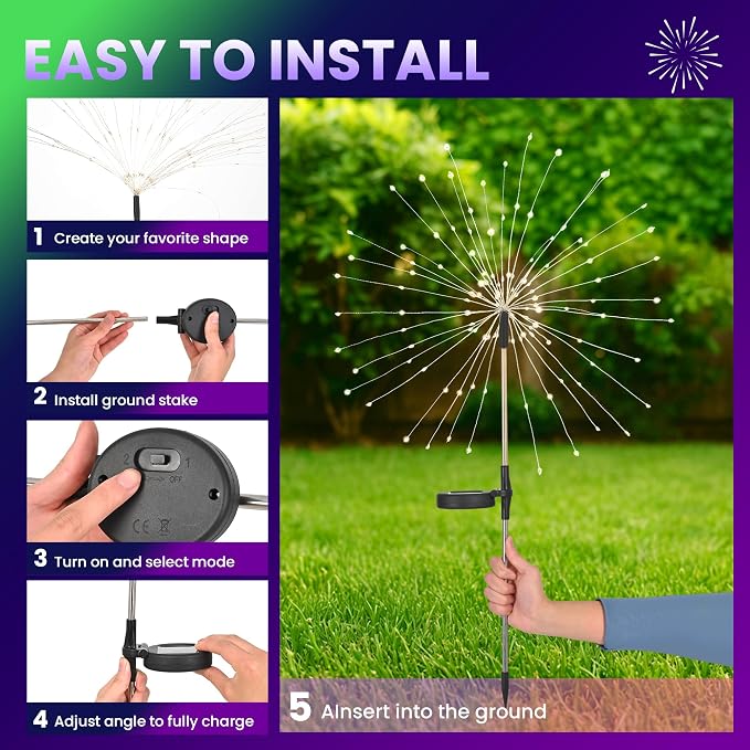 PEVOROS Garden Decor Solar Lights Outdoor,4 Pack 120LED Waterproof Colorful Solar Garden Lights Your Outdoor Decoration,Yard, Patio, Porch,Flower Pot,Pathway, for 4th of July (Purple, Green, Yellow)