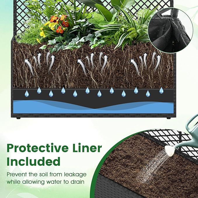 HAPPYGRILL Raised Garden Bed with Trellis, 49" Wicker Planter Box w/Privacy Screen, Liner, Drainage for Patio Balcony, Outdoor PE Rattan Elevated Garden Bed for Climbing Plant Vine Flower (Black,1)