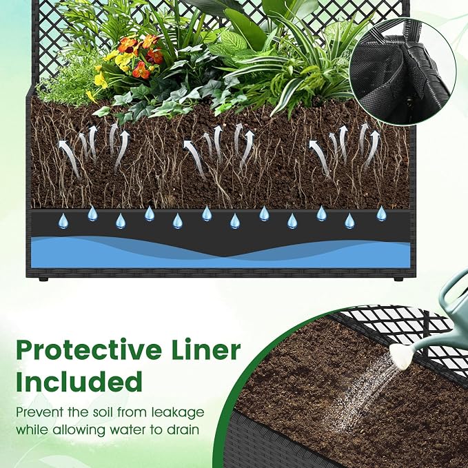 HAPPYGRILL Raised Garden Bed with Trellis, 49" Wicker Planter Box w/Privacy Screen, Liner, Drainage for Patio Balcony, Outdoor PE Rattan Elevated Garden Bed for Climbing Plant Vine Flower (Black,2)