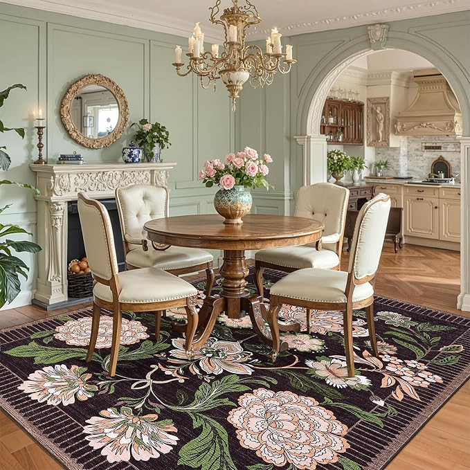 GarveeHome Plum Pink Floral Botanical Washable 8x10 Area Rug for Living Room Soft Black Purple Vintage Boho Cottage Large Rugs Low Pile Carpet for Bedroom Dining Nursery Rug