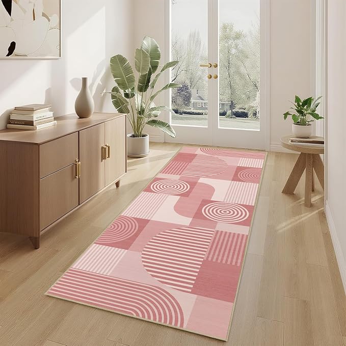 Pink Geometric 2x6 Runner Rug for Hallway Kitchen Bedroom Machine Washable Mid Century Modern Rug Non Slip Low Pile Minimalist Line Runner Rugs Long Floor Mat Carpet for Bathroom Laundry,Pink