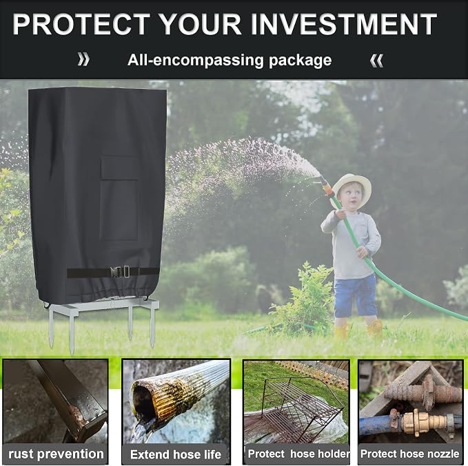 Garden Hose Holder Cover, Made with 100% Waterproof, Heavy Duty 500D Oxford Polyester Coated Tarpaulin for a Tighter Wrap and All Around Protection, 35.4″ x 10″ x 31.5″, Gray