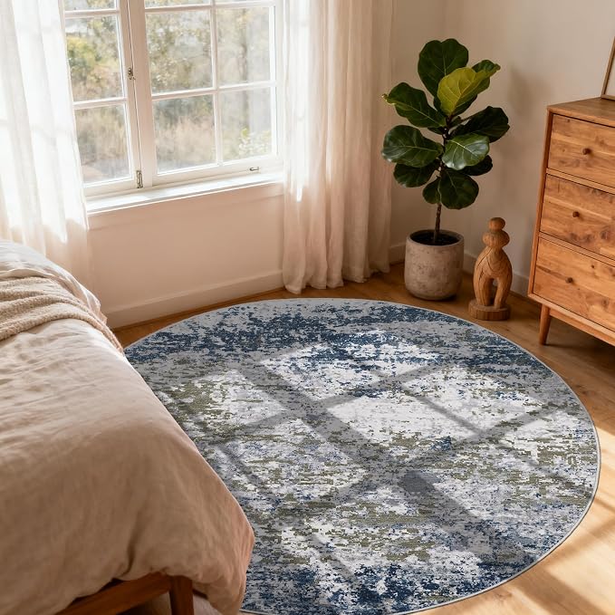 ROYHOME Modern Abstract 8x8 Round Area Rug Non Slip, Navy | Non Shedding Rug Low Pile Stain Resistant for Bedroom Living Room office Dining Room