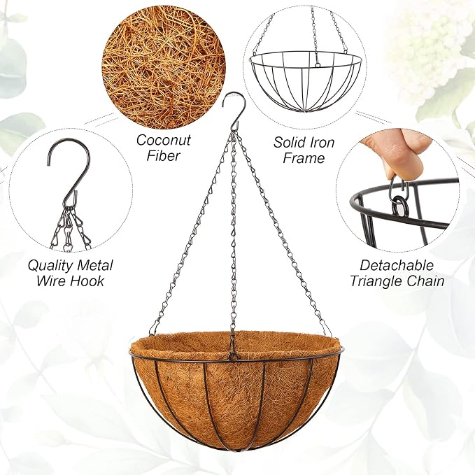 Rtteri 8 Pcs 16 Inch Hanging Baskets for Plants Outdoor with Metal Wire Frame and Coconut Coir Liners, Round Wire Hanging Baskets with Chain for Patio Garden Porch Decoration
