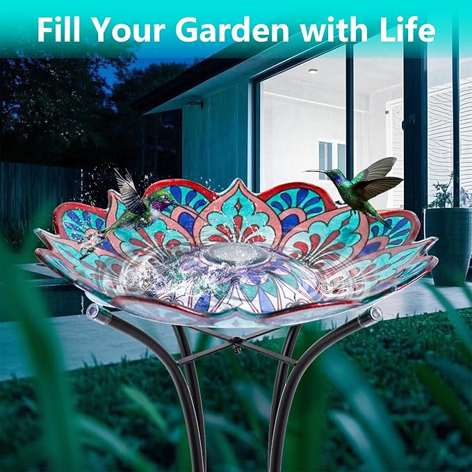 MUMTOP Bird Baths for Outdoors, Glass Large Solar Bird Bath Bowl with Metal Stand, Kaleidoscope Bird Feeders for Outside and Garden, Patio,Lawn Decor (Flower Edge)