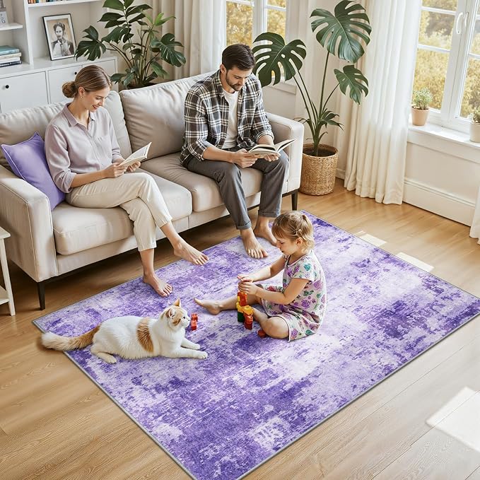 RELEANY Washable 4'x6' Abstract Area Rug for Living Room Purple | Carpet for Bedroom, Kitchen, Office, Hallway and Entryway, Printed Pattern, Non‑Slip, Soft, Stain‑Resistant, Easy to Clean