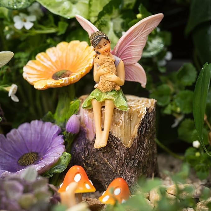PRETMANNS Fairies for Fairy Garden Accessories for Outdoor - 4 Figurines Miniature Set with a Flower Stump, 2 Mushrooms - Ideal for an Indoor Miniature Fairy Garden Starter Kit - 7 Piece Supplies