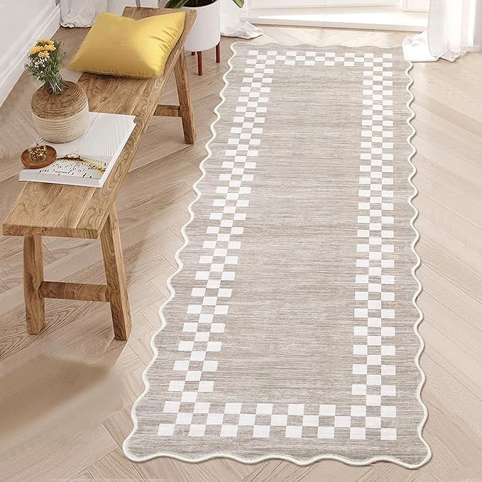 GarveeHome Washable Runner Rug 2x10 Modern Bordered Hallway Runner Rug | Non Slip Kitchen Throw Carpet Checkered Bathroom Entryway Low Pile Solid Area Rugs for Living Room Bedroom Nursery Sink, Fog