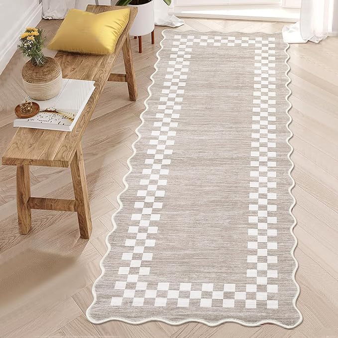 GarveeHome Hallway Runner Rug 2x6 Non Slip Scalloped Washable Kitchen Rug | Entry Stain Resistant Modern Border Throw Floor Carpet Long Runners Mat for Bathroom Living Room Bedside, Fog