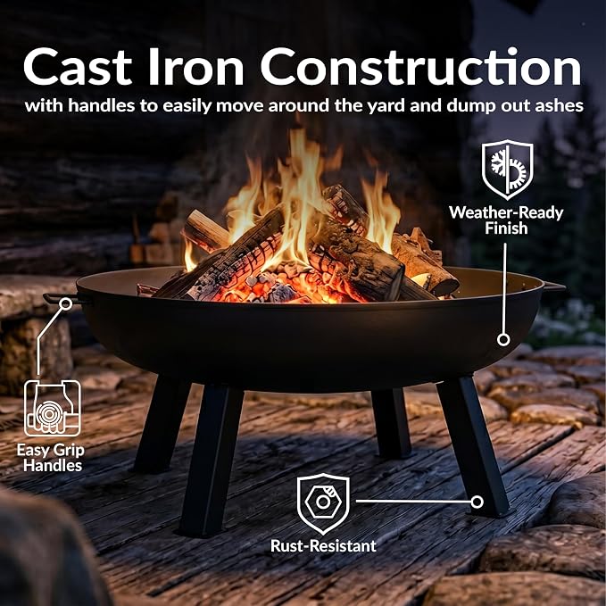Sunnydaze Cast Iron Heavy Duty Fire Pit for Outside - Wood Burning Outdoor Fire Pit Bowl with Handles for Patio, Backyard, Camping - 34" - Black