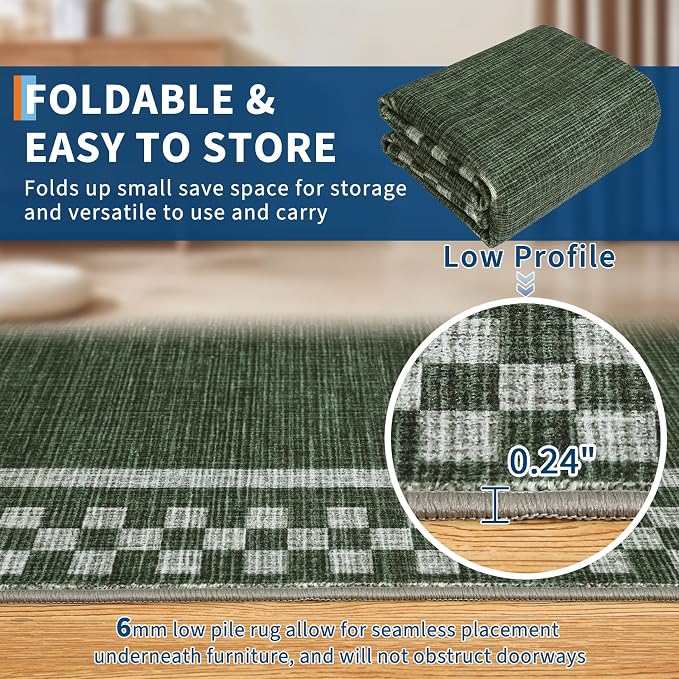 GarveeHome Washable Area Rugs 10x13 Non Slip Soft Large Living Room Rug | Modern Checkered Bedroom Rug Soft Geometric Bordered Throw Carpet for Dining Room Home Decor Office Nursery, Green