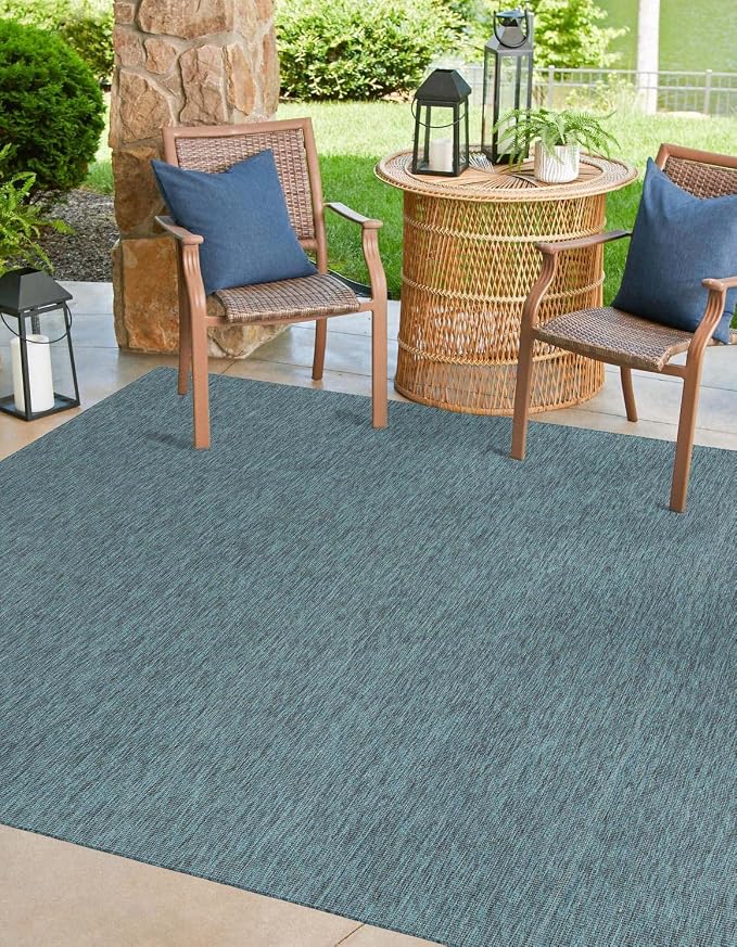 Unique Loom Outdoor Solid Collection Area Rug (5' 3" Square Teal/Navy Blue)