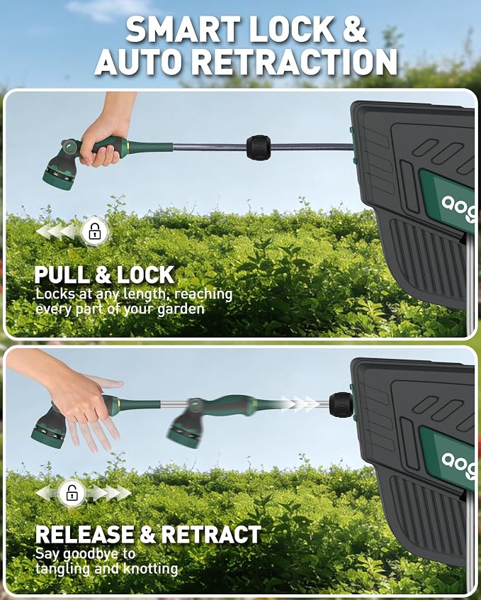 Retractable Garden Hose Reel: 1/2 in x 100 ft Wall Mounted Water Hose Reel with 10-Function Nozzle, Hose Reels for Outside, Any Length Lock, Brass Fittings, Slow Auto Rewind & 180° Swivel