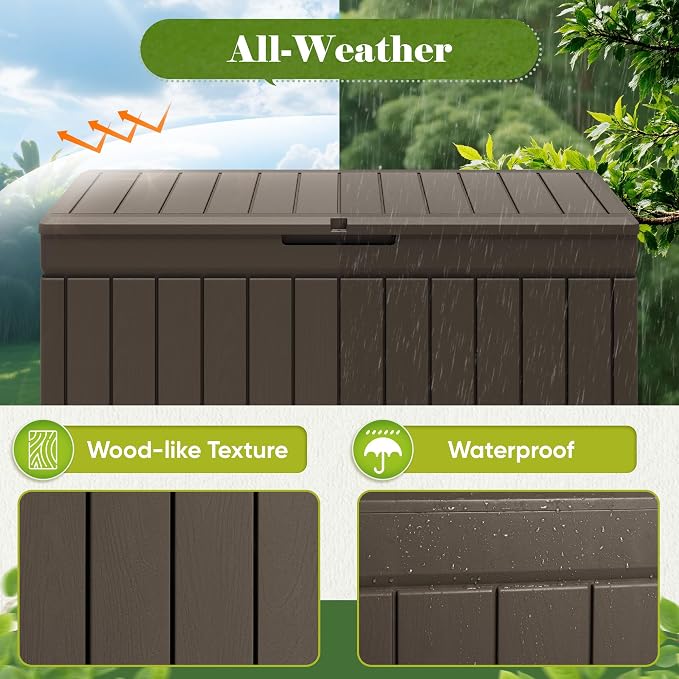 Flamaker Outdoor Storage Box 80 Gallon Resin Waterproof Deck Box Delivery Box with Wood Texture Large Storage Bin for Patio Cushions (Brown)