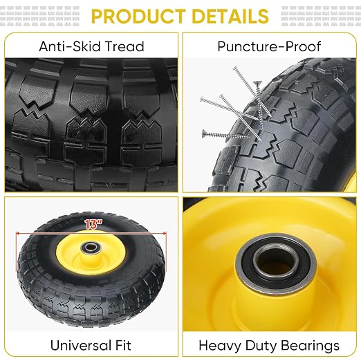 TICONN 4.00-6 Tire and Wheel Flat Free, 2 Pack 13" Solid Tires with 5/8" Axle Bore Hole and Double Sealed Bearings, Perfect for Wheelbarrow, Garden Cart, Wagon, Dolly (Yellow, 2PK)