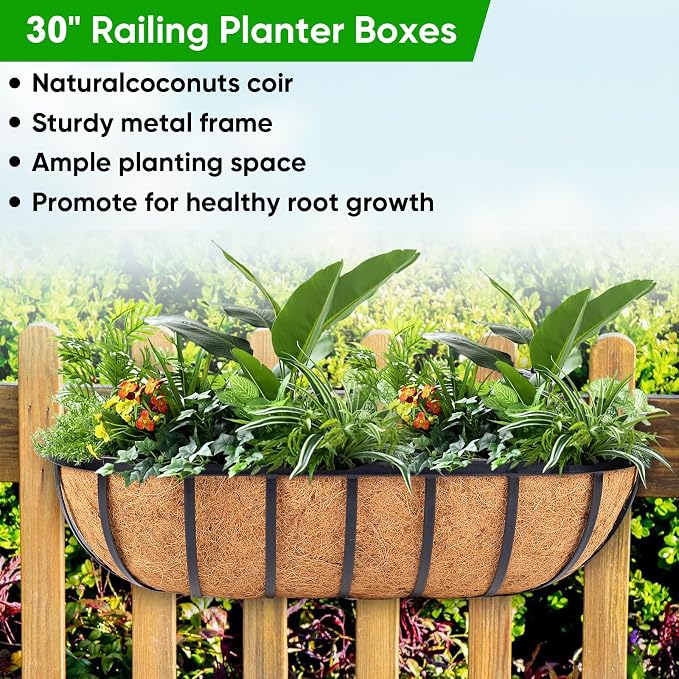 HKZ Deck Balcony Railing Planter Window Boxes - 2 Pack 30 Inch Planter Box, Balcony Planters Railing Hanging, Window Boxes Outdoor Fence Planters