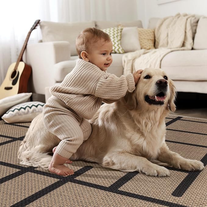 Tangsoo Modern Easy Jute Rug 5x7 Large Washable Area Rugs for Dining Room Table,Non-Slip Thin Stripe Indoor Outdoor Rug,Farmhouse Natural Throw Mat for Living Room Office Backyard Patio Bedroom