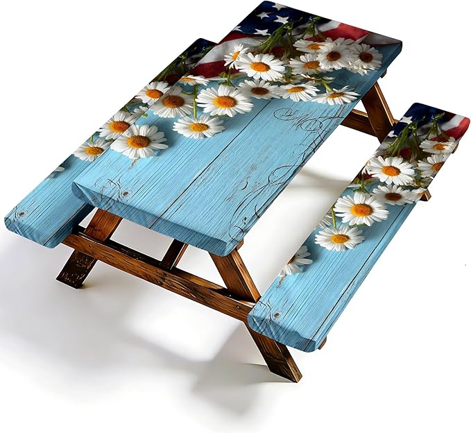 NYZE 3 Pieces Outdoor Picnic Table Cover with Bench Covers Set, Blue Wooden Daisies Camping Tablecloth Bench Covers with Drawstring Bag, Camping Essentials for Outdoor Picnics, Patio, BBQ