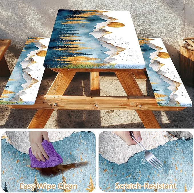 Picnic Table Cover with Bench Covers Elastic Edges, Outdoor Patio Camping Essentials 72 Inch 3PCS, Waterproof Camping Fitted Tablecloth with Handbags (Boho mountain)