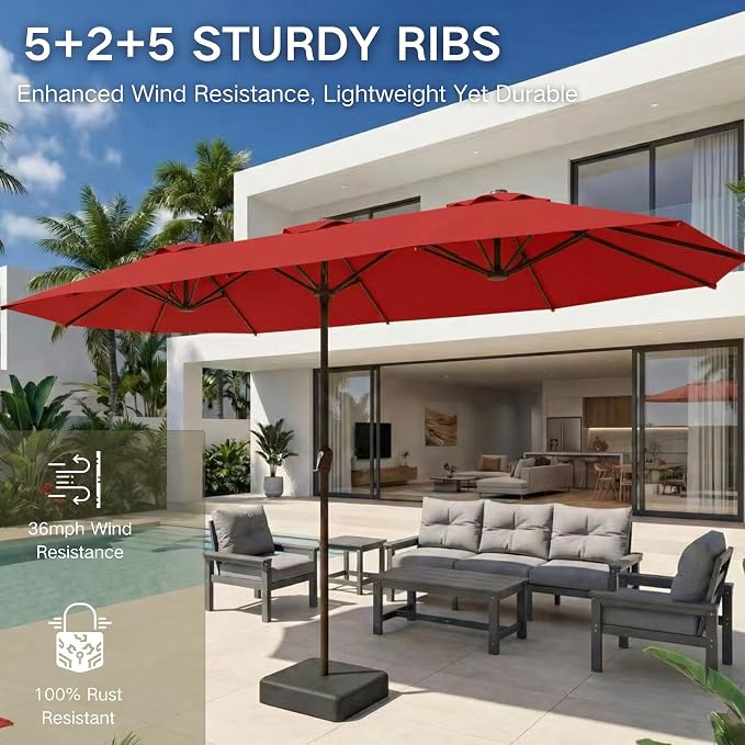 Kingdura 15ft Large Patio Umbrella with Base Included, Double-Sided Rectangle Outdoor Table Umbrella with 12 Reinforced Ribs, Crank Lift for Market Pool Deck Backyard, Red