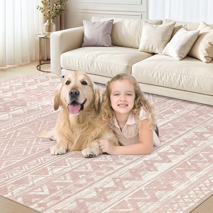 cotiled Boho 9x12 Area Rug for Living Room: Large Moroccan Washable Rug | Solve Modern Neutral Trendy Home Decor - Stain Resistan Carpet for Bedroom Farmhouse Dining Room Pink