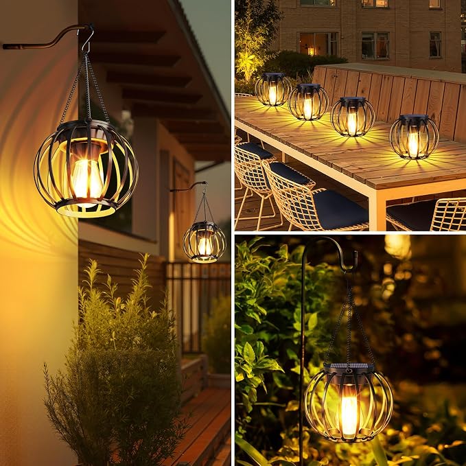 Solar Lanterns Outdoor Waterproof 2 Pack, 14.37" Metal Hanging Solar Lights for Outside with Auto On/Off & Hook - Brighter Hanging Outdoor Lanterns Decorative Lighting for Garden Patio Yard