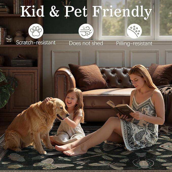 DCX 8x10 Washable Bug Rug for Living Room, Soft Low Pile Rug, Black | Easy to clean, non-shedding, soft, kid & pet friendly, with a non-slip rubber backing for bedrooms, and nature-themed decor