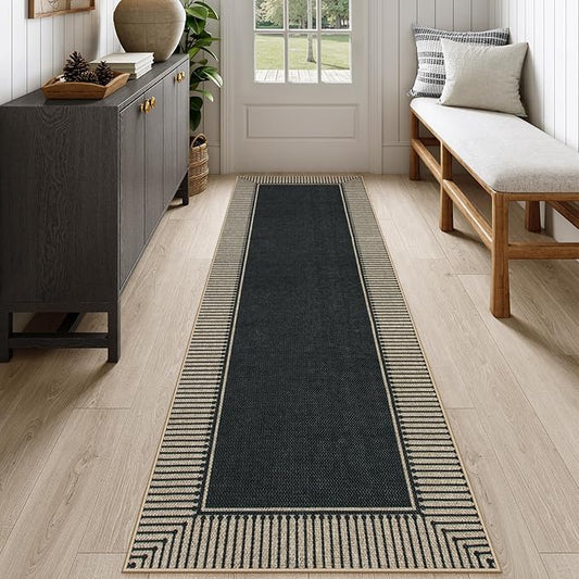 Moynesa Washable Black Striped Border Easy Jute Runner Rugs 2.5x8, Entryway Rug Runners for Kitchen, Farmhouse Indoor Outdoor Non Slip Carpet for Hallways Bathroom Bedroom Laundry