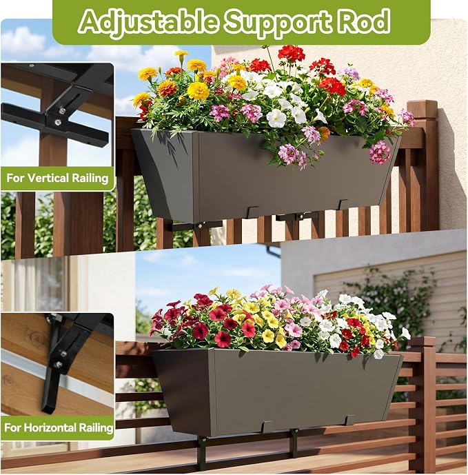 2 Pack Railing Planter Box 36 Inch - Heavy Duty Metal Window Boxes, Deck Railing Planter Boxes with Adjustable Bracket & Drainage, Hanging Planter for Deck Railing Balcony & Patio