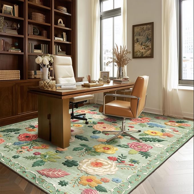 5x7 Area Rugs for Living Room: Washable Bedroom Rug Non Slip Low Pile Soft Faux Wool Non Shedding Lightweight Distressed Vintage Green Floral Large Carpet for Dining Room Entryway Farmhouse Office