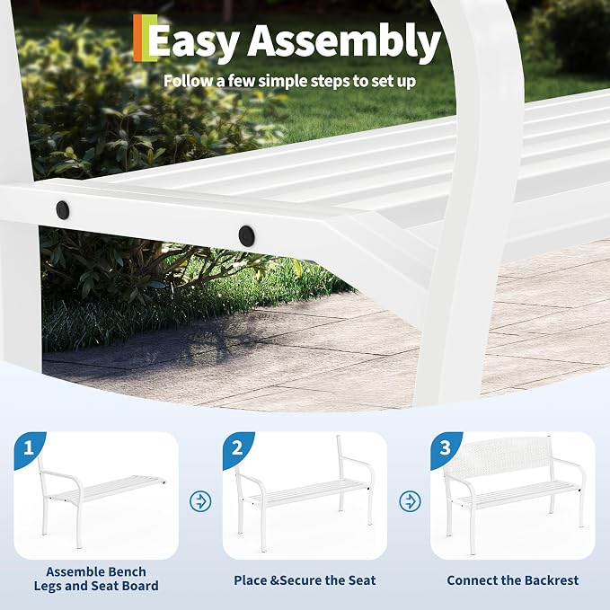 50" Outdoor Metal Garden Bench, Patio Steel Bench with Curved Backrest, Decorative Pattern, Weather-Resistant Porch Bench for Yard, Park, Deck, Backyard