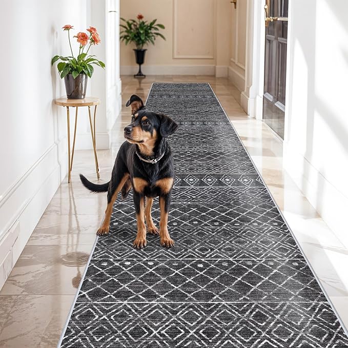 3x16 Black Moroccan Washable Rug:Modern Boho Long Hallway Runner Rug | Soft Low Pile Thin Indoor Mat, Easy Clean Non Slip Backing, Stain Resistant Design for Kitchen, Bedroom & Entryway