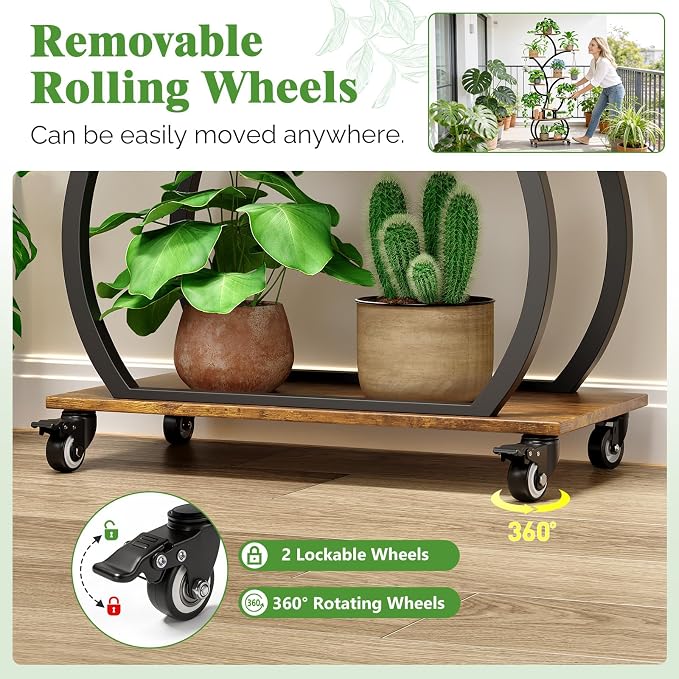 Plant Stand with Grow Lights 2-Pack, 61" Tall Indoor Plant Shelf with Multi-Color Full Spectrum LED Lights and 360° Lockable Wheels, 10-Tier Tree-Shaped Decorative Plant Rack Set of 2, for Living Room, Balcony & Office, Black and Brown